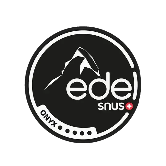 Edel Snus Onyx logó hegyvidéki motívummal fekete háttéren, svájci snus márka