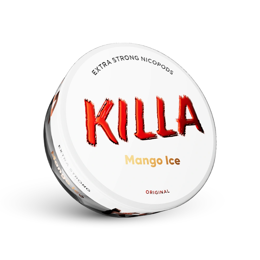 Killa Mango Ice Nikotin Taschen Extra Strong, 16 mg, Adag fehér dizájnnal és piros logóval